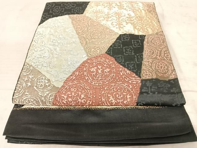 平和屋着物◎六通柄袋帯 切嵌花文 黒地 金銀糸 正絹 逸品