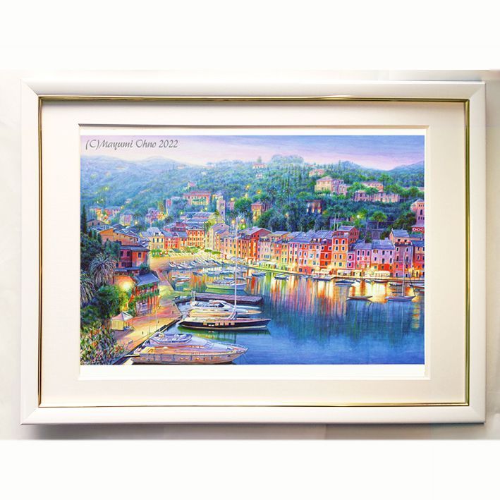ポルトフィーノ ヨーロッパ　地中海　夕景　風景画　イタリア　絵画　額縁　写実 海 額装絵画 イタリア ポルトフィーノ 版画 ヨーロッパ 地中海 夕景 風景