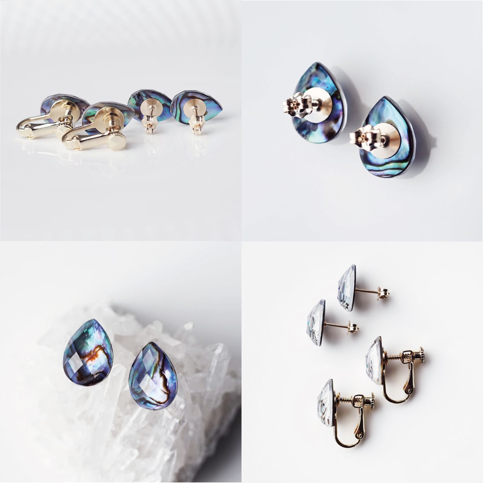 大粒アバロンシェルと水晶によるペアシェイプスタッドピアス ～Adeline