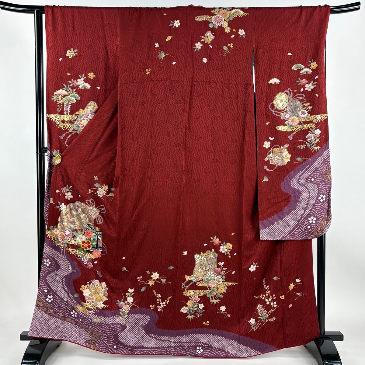 振袖　広衿　袷　金彩　裄長　ロング丈　裄67.5cm　丈162.5cm 振袖 身丈162.5cm 裄丈67cm M 袷 桧扇 貝桶 金彩 刺繍 えんじ色