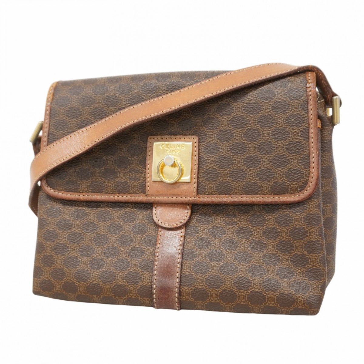 5ec3885】セリーヌ ショルダーバッグ マカダム PVC ブラウン ゴールド  