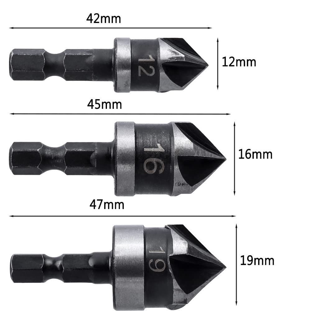 新着商品】HSS鋼 六角軸シャンク皿穴ビット 座ぐり 下穴錐 穴あけ工具 皿取錐 木工皿頭ビット 12/16/19mm 面取りカッター バリ取り 90度  ビット 木材 皿取り錐ドリル 3本セット pvc Wolfride - メルカリ