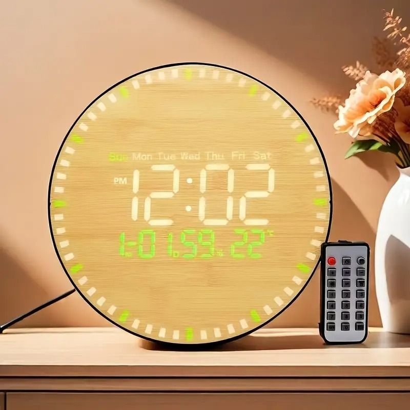 丸型蓄光デジタル時計 26cm ラウンド 丸型 壁時計 壁掛け時計 置時計 デジタル時計 時計 蓄光 木目調 木目 木製 ブラック ホワイト リモコン付き カレンダー機能 丸い時計 お洒落 おしゃれ h-063