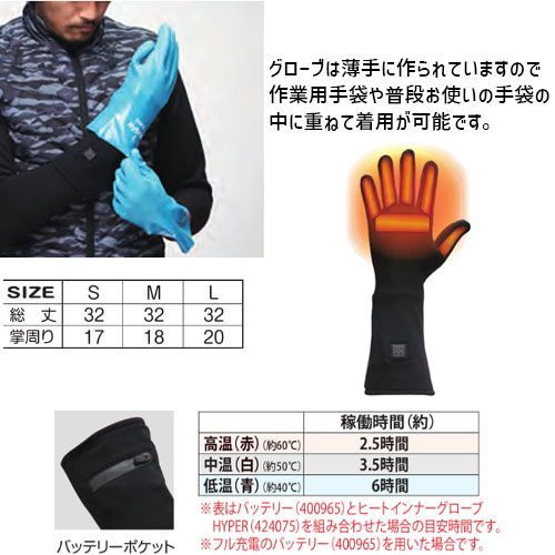 電熱グローブ apexwin ヒート インナーグローブ HYPER バッテリーセット 424075 ATACK BASE 即暖 電熱 手袋 冬 ヒーターグローブ インナー グローブ 電熱グローブ バイク ツーリング ゴルフ 寒さ対策 防寒 警備 装備 手洗い可