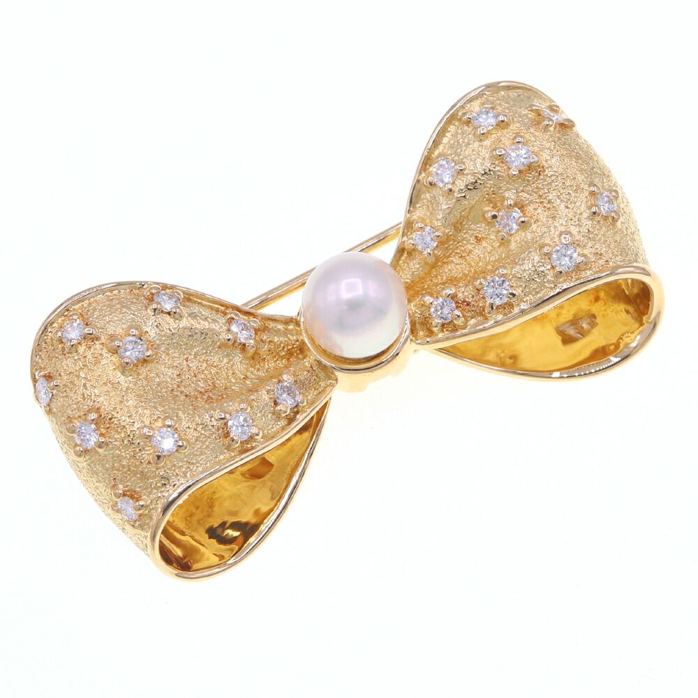 MIKIMOTO リボン型ブローチ パール付き ミキモト ブローチ パール ダイヤモンド リボンモチーフ ミキモト