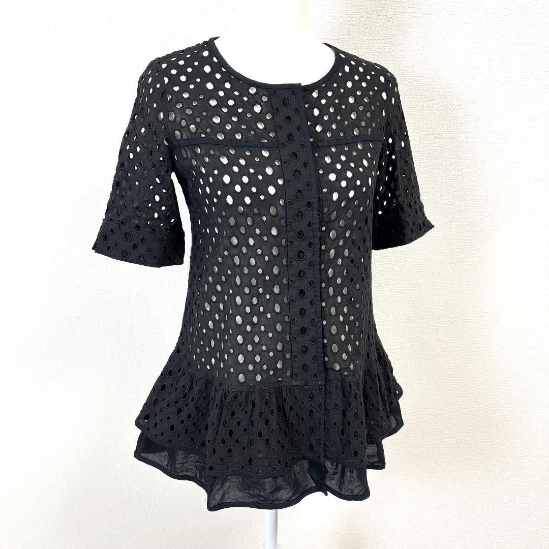 Rene 半袖 パンチング ペプラムブラウス 5分袖 34 黒