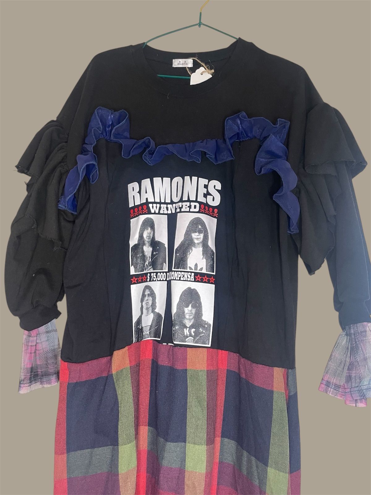 古着リメイク ラモーンズ Tシャツ ワンピース パンクロック ライブ ツアー RAMONES バンドT ハンドメイド チェック レッド ブラック