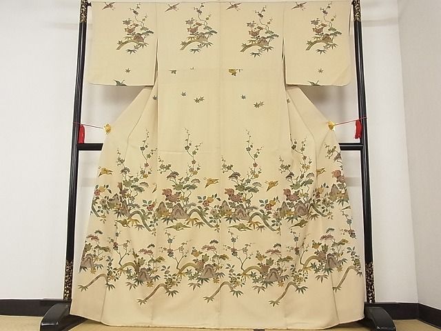 平和屋-こころ店■付下げ　立波花文　黒地　金彩　着丈159.5cm　裄丈65cm　正絹　逸品　B-ag4110