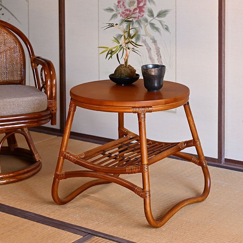 ◎ラタン 天然木 サイドテーブル 円形 ナイトテーブル コーヒー