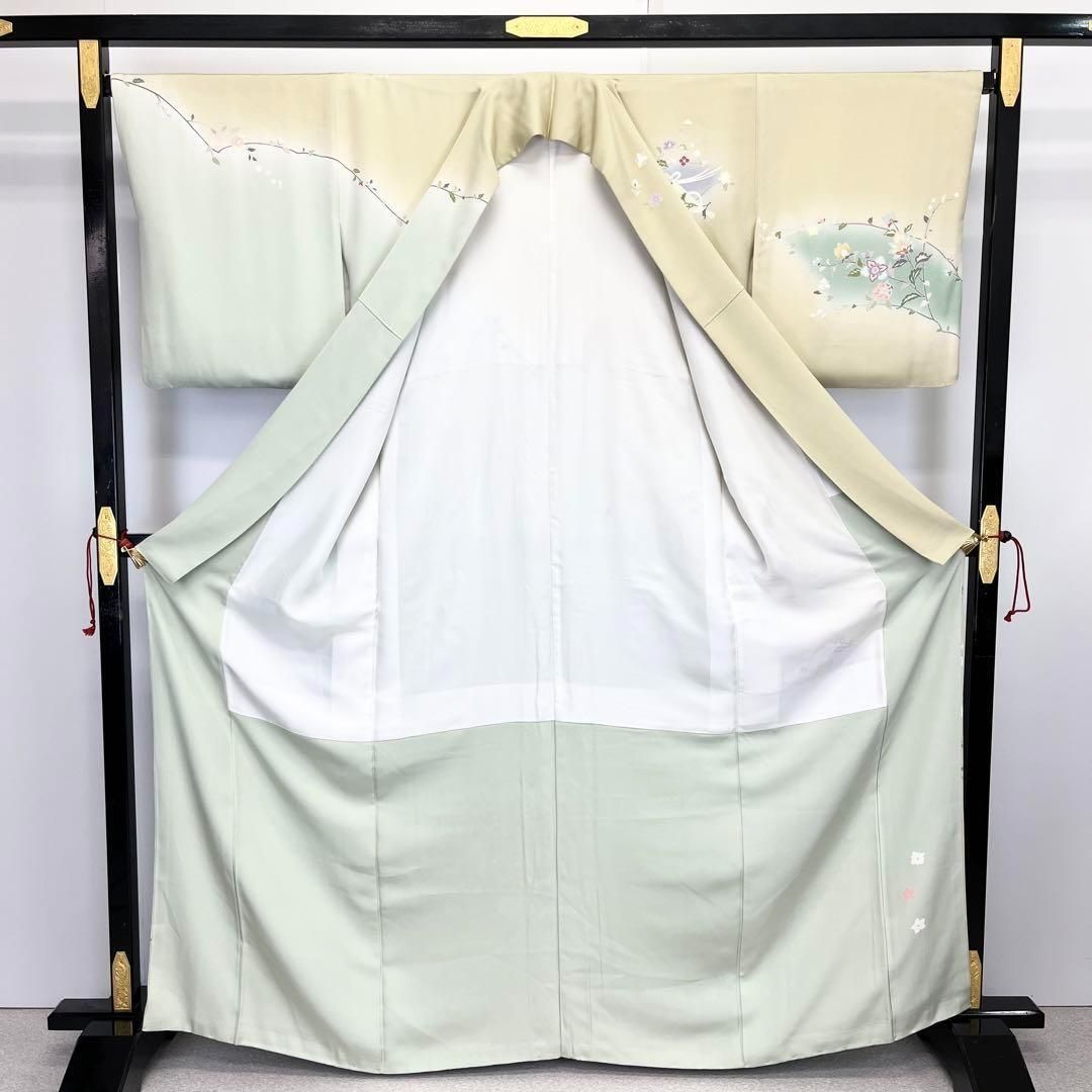 訪問着 作家物 友禅 美しい花模様 金駒刺繍 淡い暈し 蒸栗色