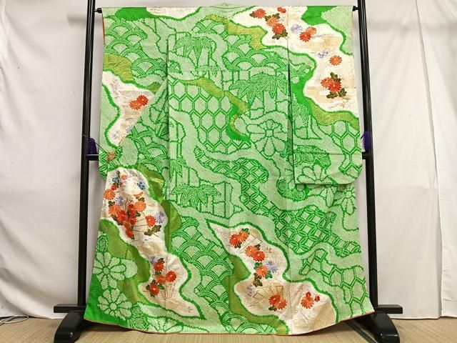 平和屋着物□豪華振袖 駒刺繍 絞り 霞扇面花文 金彩 正絹 逸品