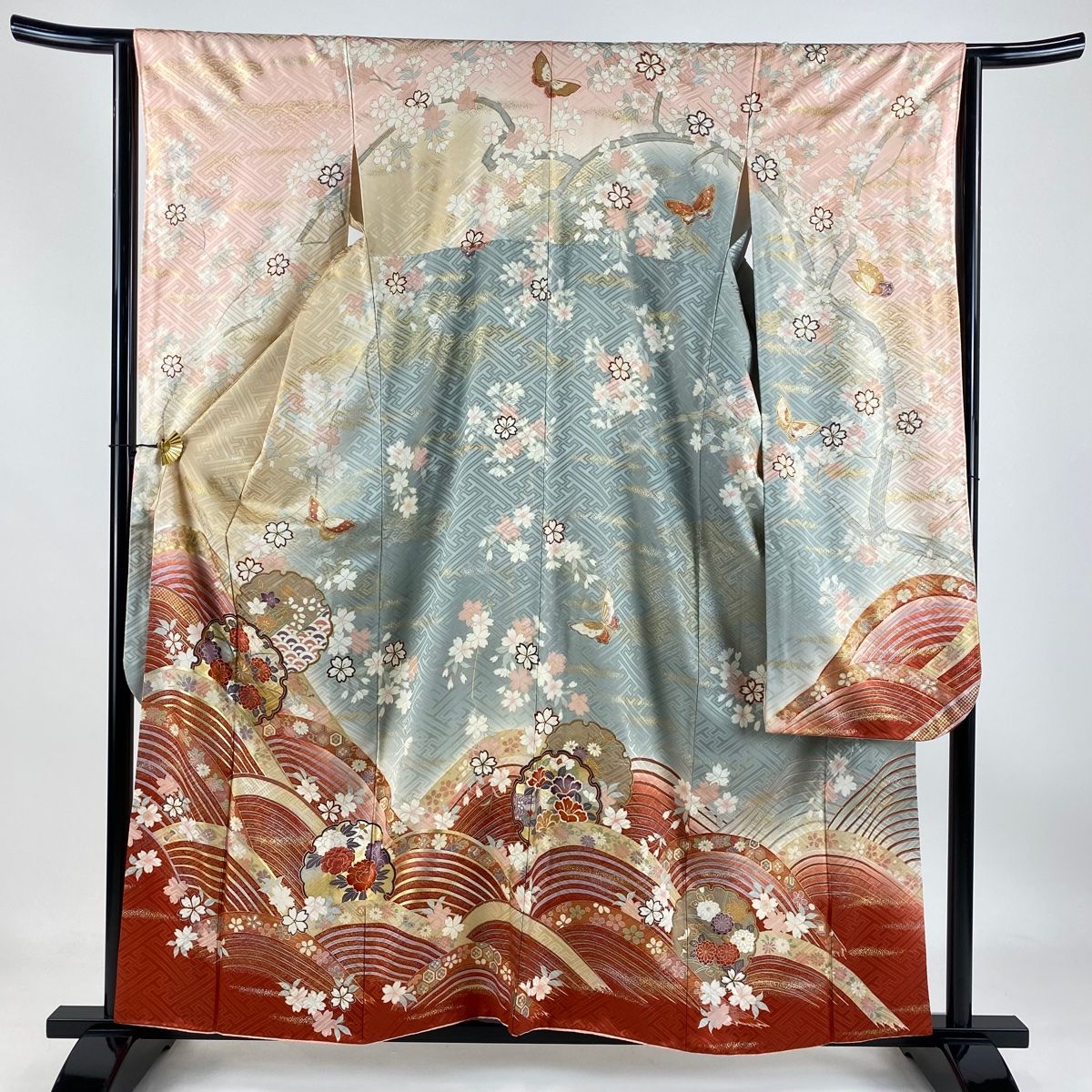 振袖 身丈159.5cm 裄丈63.5cm S 袷 雪輪 菊 刺繍 金銀彩 朱色 正絹 秀品