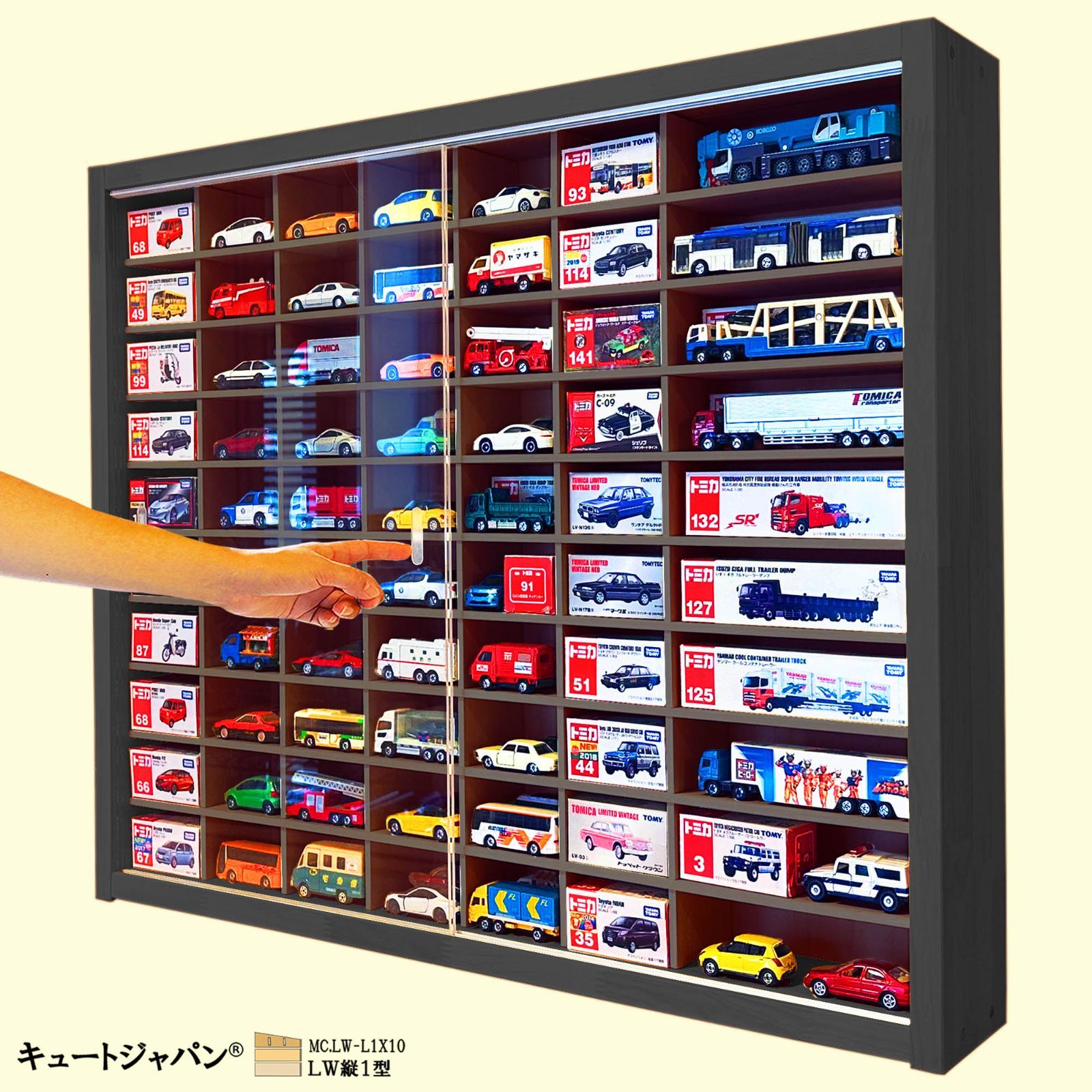 木製ミニカーケース トミカ１２８台・大型サイズ対応 アクリル障子付 日本製 木製ミニカーケース トミカ128台・大型サイズ収納 アクリル障子付