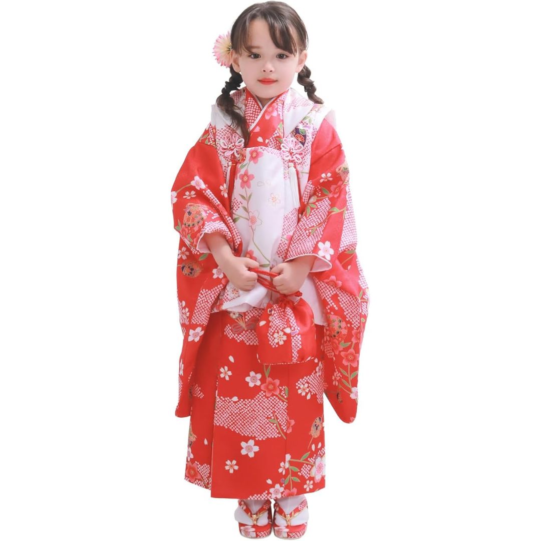 KYOETSU キョウエツ 着物セット 七五三用 3歳用 被布セット 華やかA 9点セット 柄被布 柄着物 伊達衿 長襦袢 髪飾り 巾着 草履 腰紐 足袋 ガールズ 2.桜鞠の華