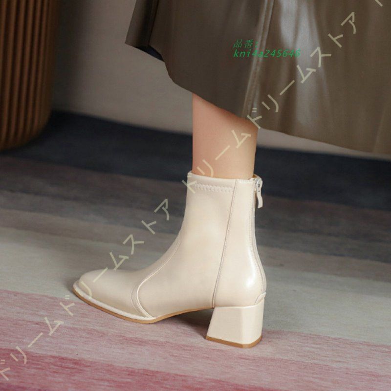 ショートブーツ レディース ブーツ 春ブーツ 幅広 甲高 ミドルブーツ 靴 歩きやすい 25センチ 春 太ヒール 疲れない 大きいサイズ スクエアトゥ ショート kni4a245646 KIN-KAAI_COM