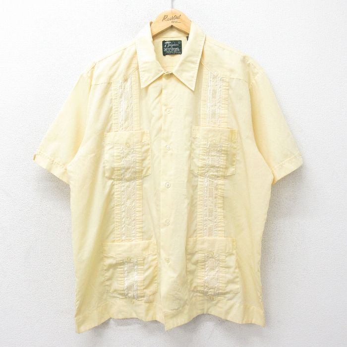 XL/古着 HABAND 半袖 キューバ シャツ メンズ 90s 刺繍 大きいサイズ 薄黄 イエロー 24apr02 中古 トップス
