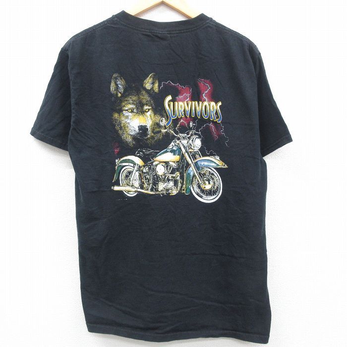 L/古着 半袖 ビンテージ Tシャツ メンズ 00s バイク オオカミ コットン クルーネック 黒 ブラック 23apr13 中古