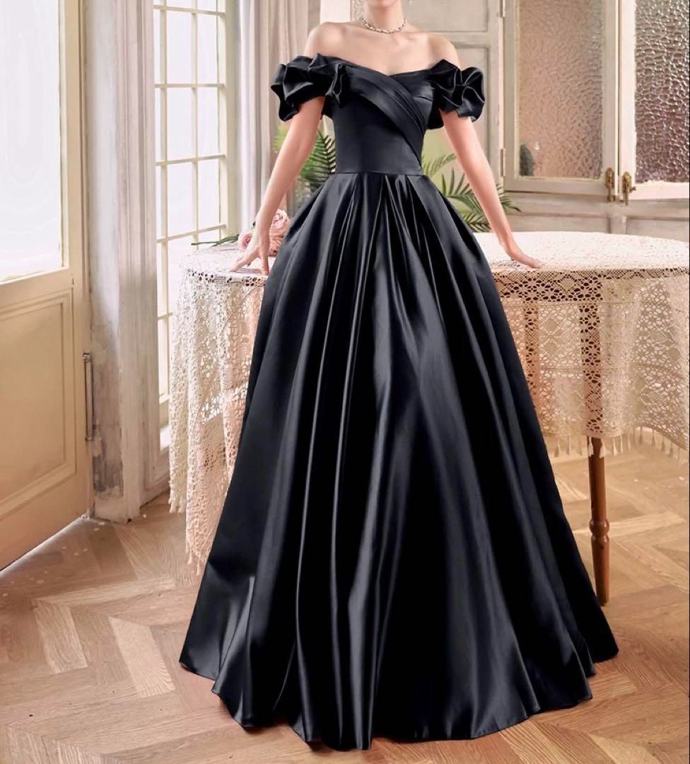 シンプルオシャレなフリルのオフショル イブニングドレス♩.• 25年新作 新品未使用 シンプルオシャレなフリルのオフショル