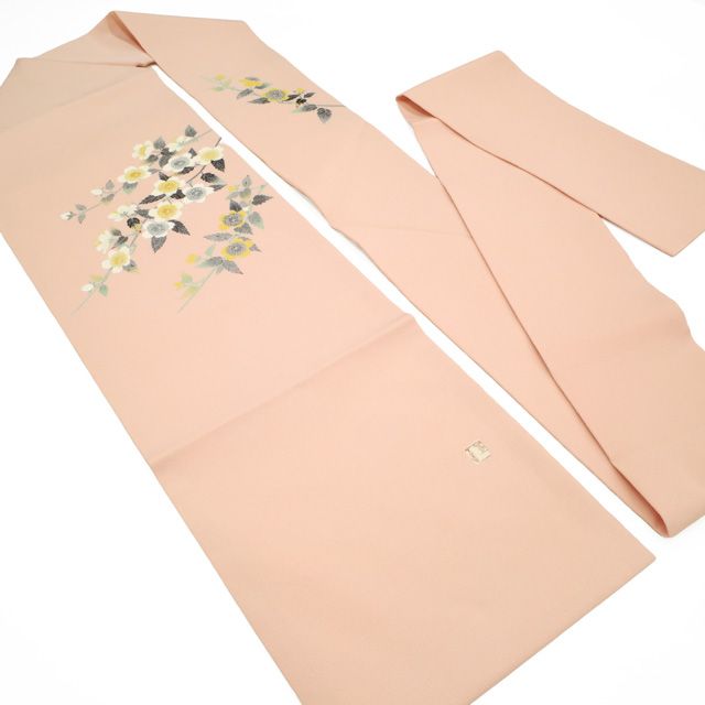 名古屋帯 リサイクル 正絹 人間国宝 羽田登喜男 作家物 手描き友禅 手染め 九寸 縮緬 ちりめん ピンクベージュ地 桜 さくら 花柄 花 かわいい お洒落 カジュアル 春 秋 冬 仕立て上がり みやがわ sb54522