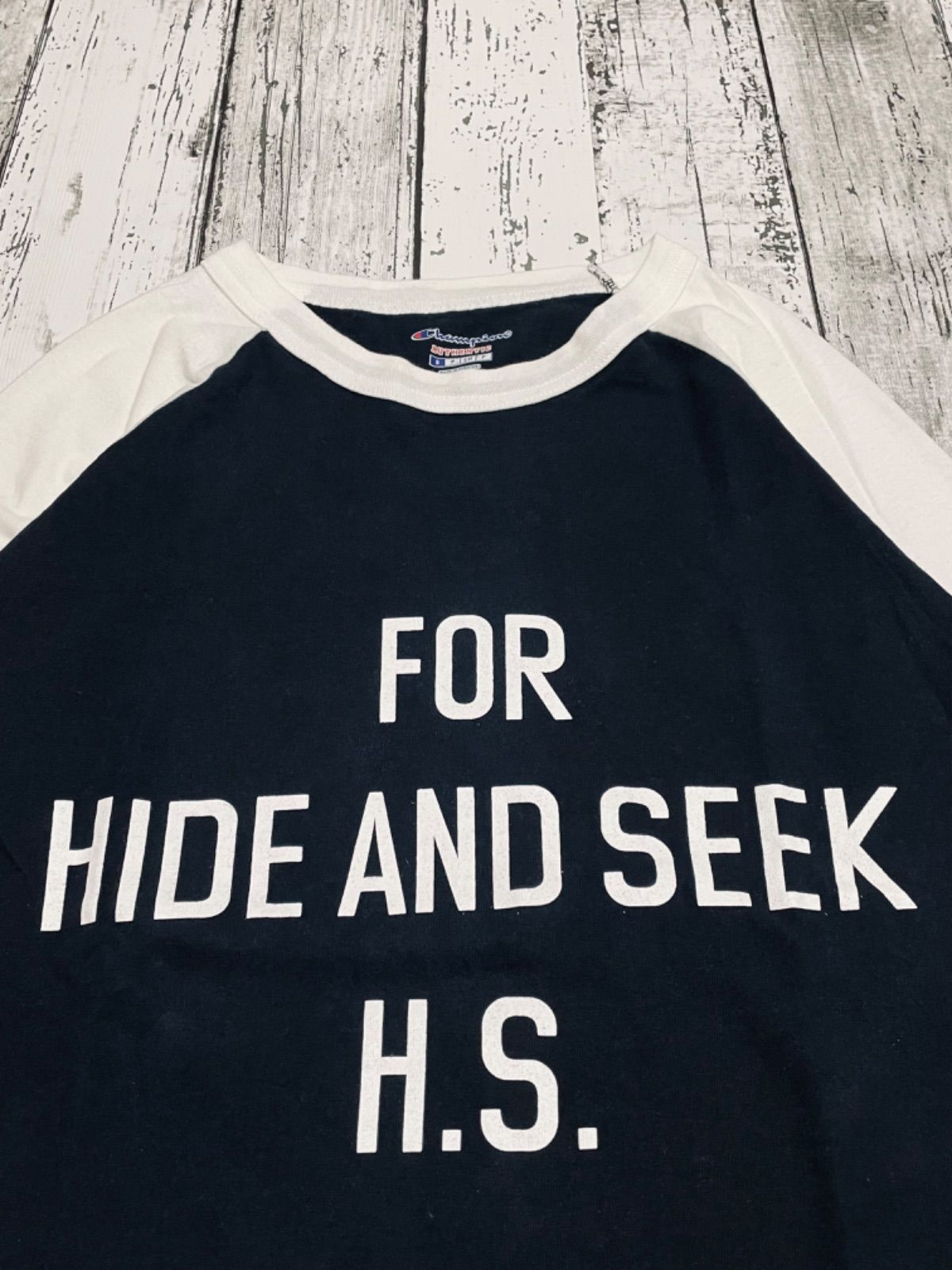 HIDE AND SEEK ハイドアンドシーク Champion　チャンピオン ラグラン S　ブラック・ホワイト 七分袖  長袖 リンガー Tシャツ　降谷建志 COOTIE Dragon Ash kj