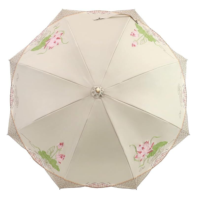 シノワズリーモダン 日傘 女優日傘 蓮花 オーガンジー刺繍 長日傘 完全遮光 遮熱 逃熱 UVカット かわず張り 涼しい 晴雨兼用傘 モカ 0