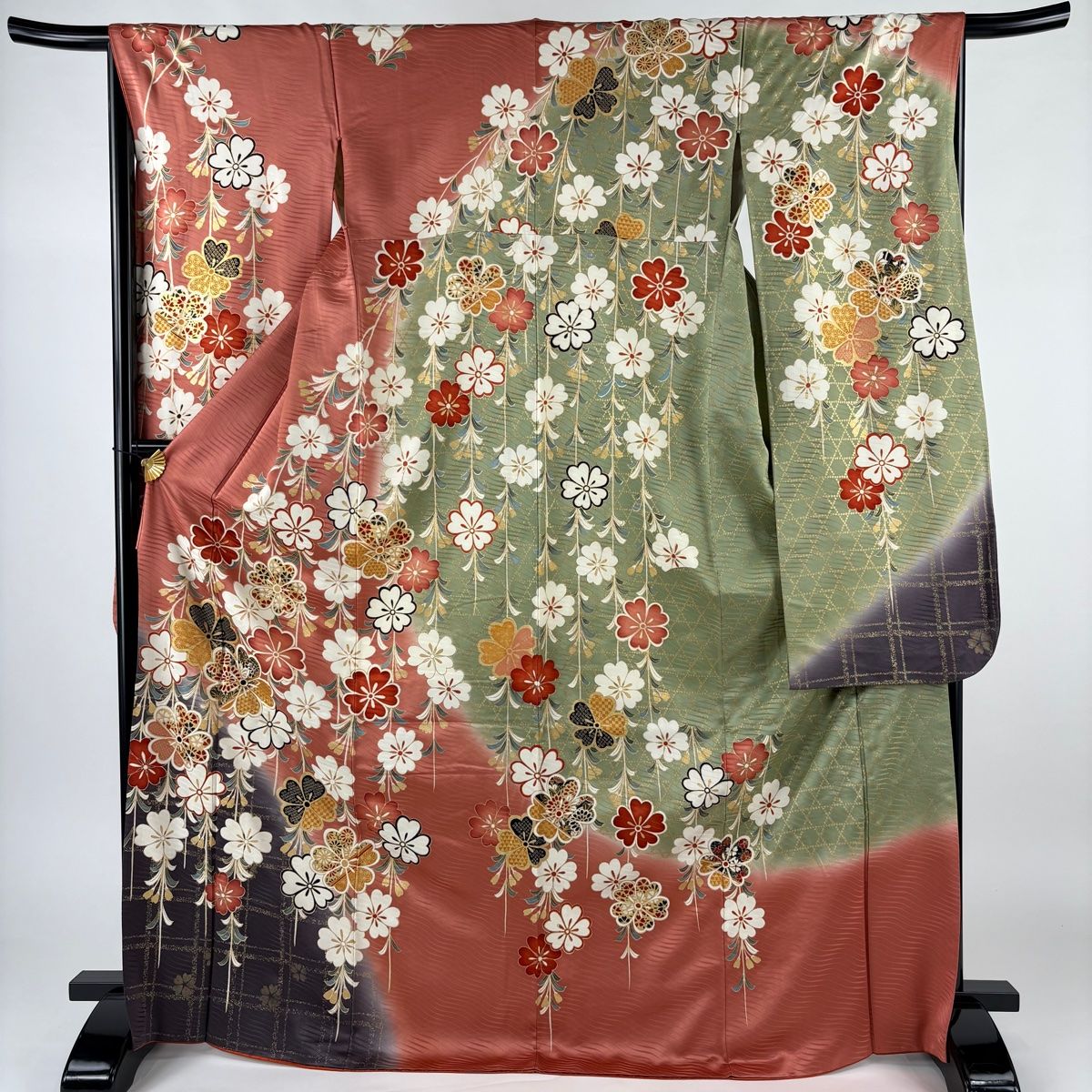 振袖 身丈173cm 裄丈67cm M 袷 枝垂れ桜 金糸 金彩 ピンク 正絹