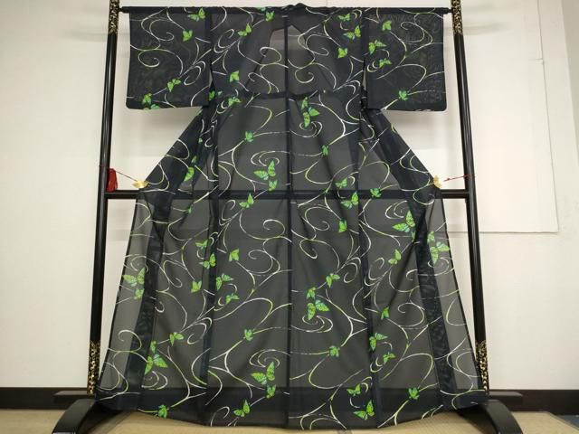 平和屋着物＊夏物 小紋 絽 流水舞蝶文 黒地 洗える着物