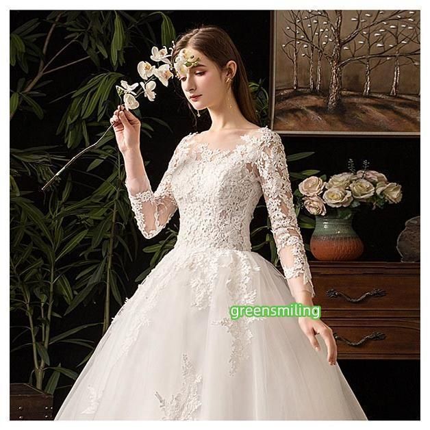 【送料無料】 ウェディングドレス 白 ホワイト ロングドレス セットアップ パニエ 手袋 ベール追加 ラウンドネック 長袖あり 背中開きWP 入荷