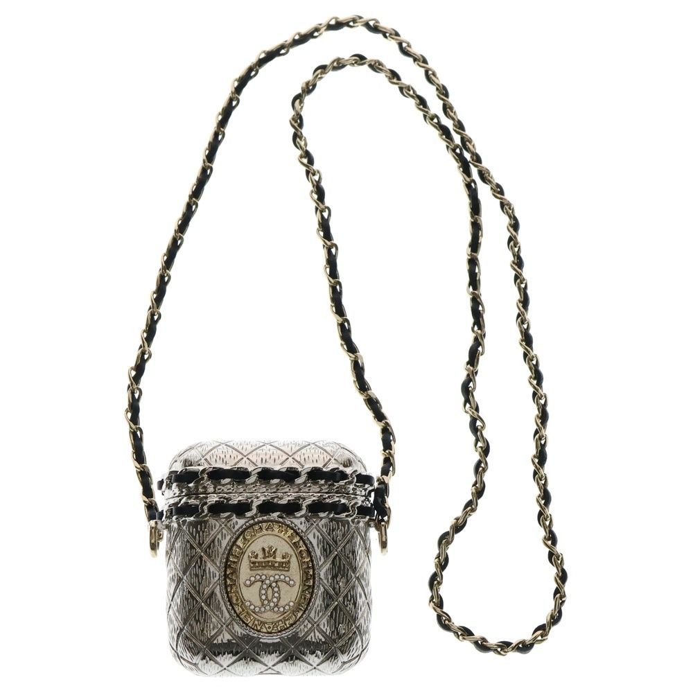 CHANEL シャネル ココマーク マトラッセモチーフ ラインストーン付チェーンAirpodsケース シルバー レディース