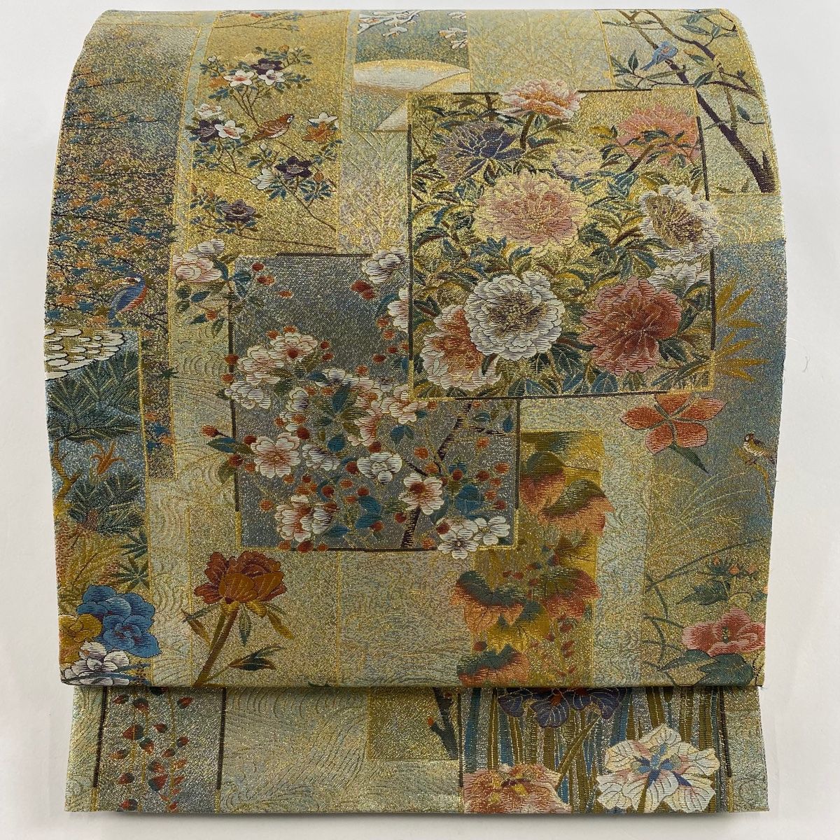袋帯 名品 短冊 花鳥 箔 金糸 薄緑 全通 正絹