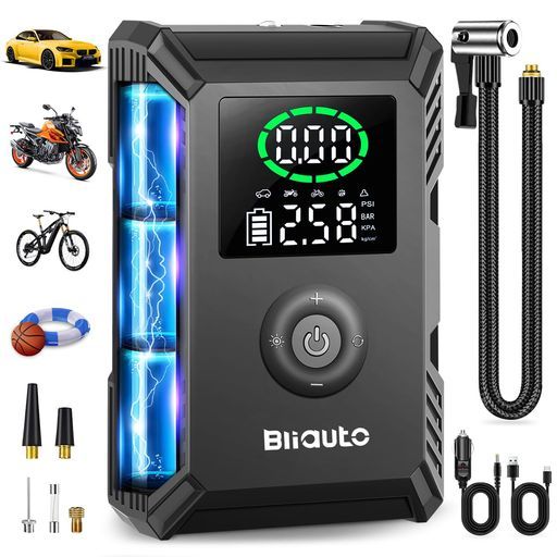【2026，100%新品】 BLIAUTO電動空気入れ3*2000合計6000mah大容量バッテリ最大圧力150PSI自転車空気入れバイク車用エアコンプレッサー小型Type-C充電式コードレス30cmクイックリリースエアホース自動停止低騒音 その他
