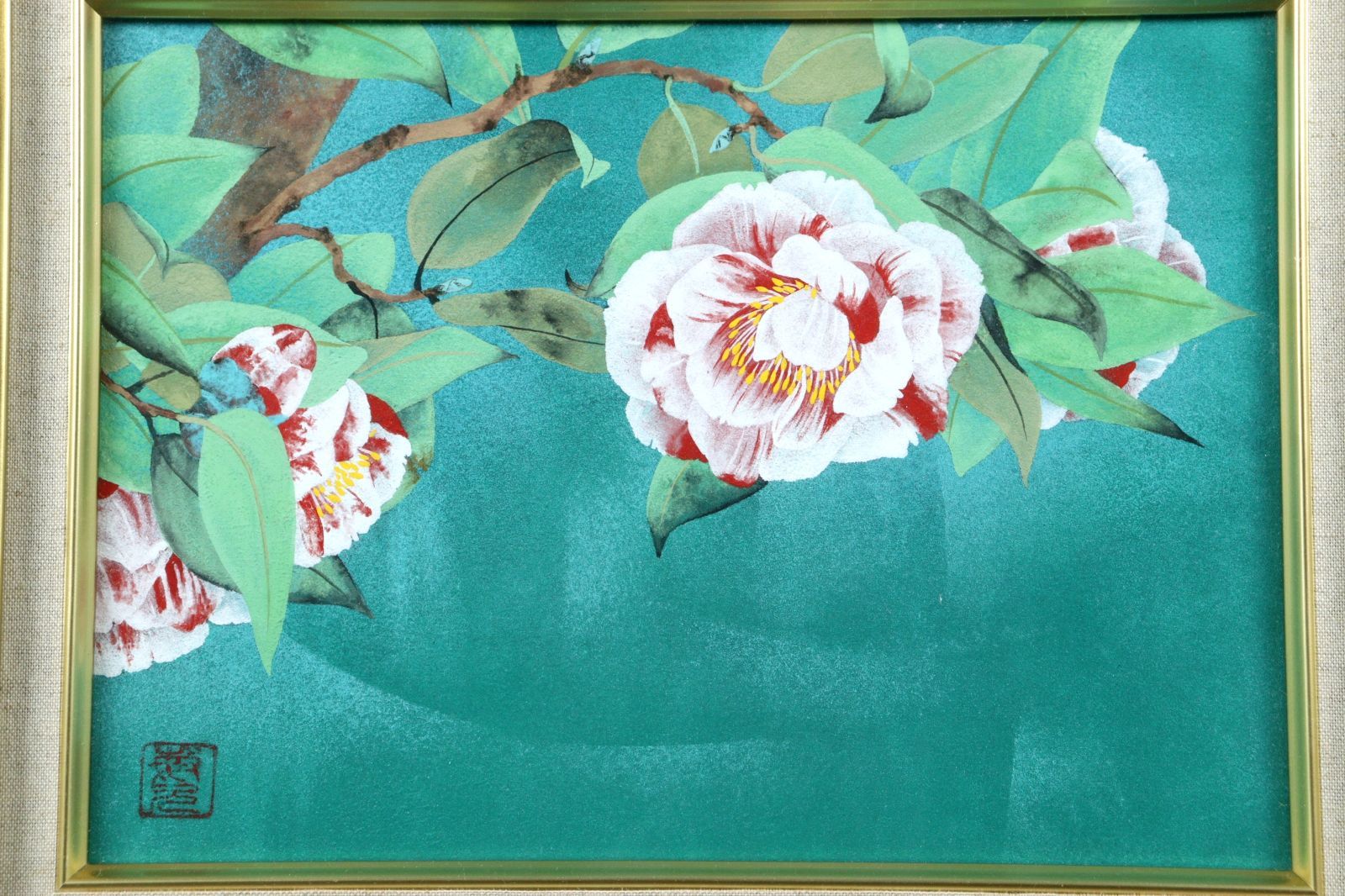 仲林敏次「椿花」肉筆日本画 4号 共シール 三重県出身 新興美術院会員