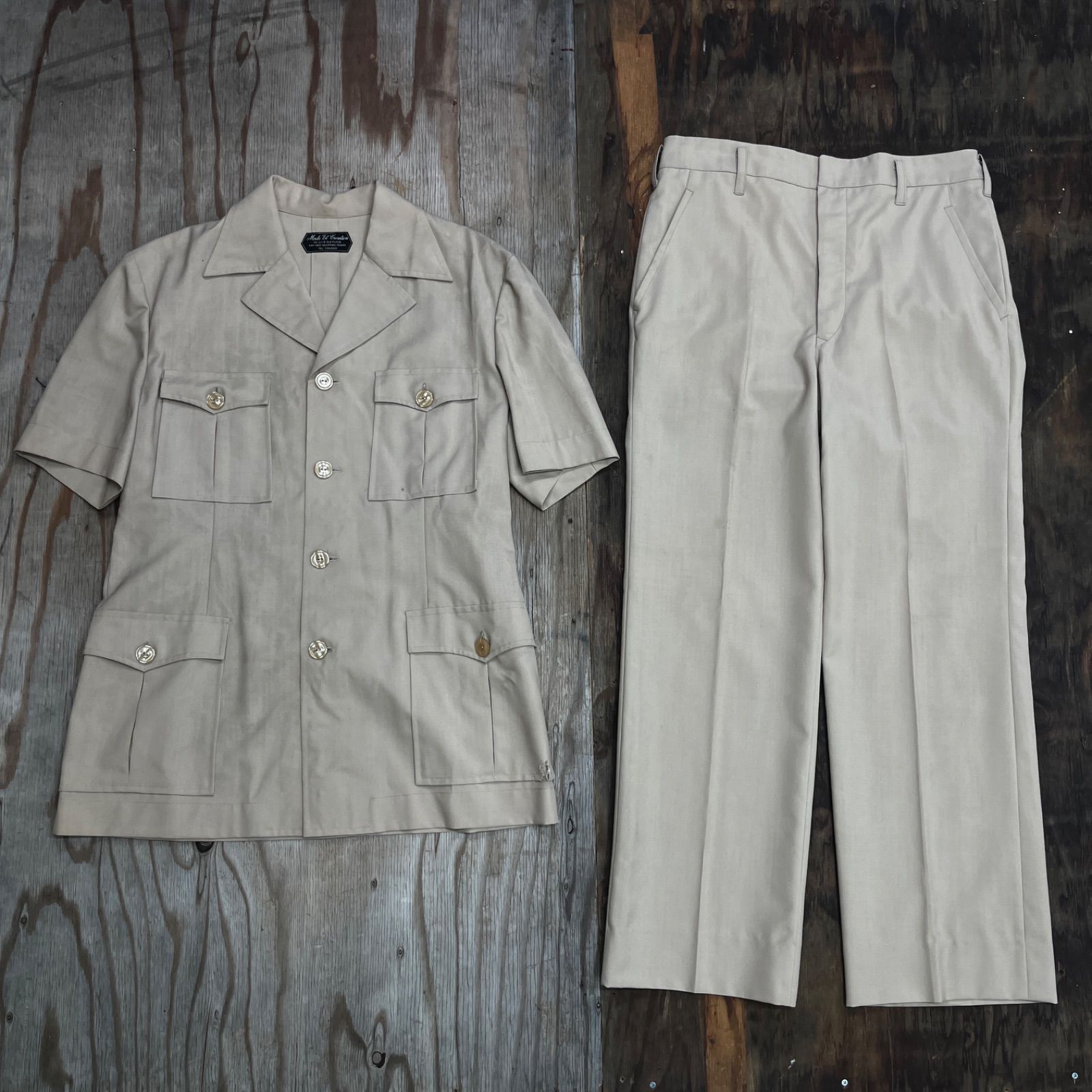 MODE ET CREATION サファリ セットアップ 半袖 シャツ オープンカラー スラックス サマーウール  OPTI ジッパー 片爪 薄手 60s 70s 80s シンガポール製 Singapore VINTAGE 古着 MF96 MODE ET CREATION サファリ セットアップ 半袖 シャツ オープンカラー