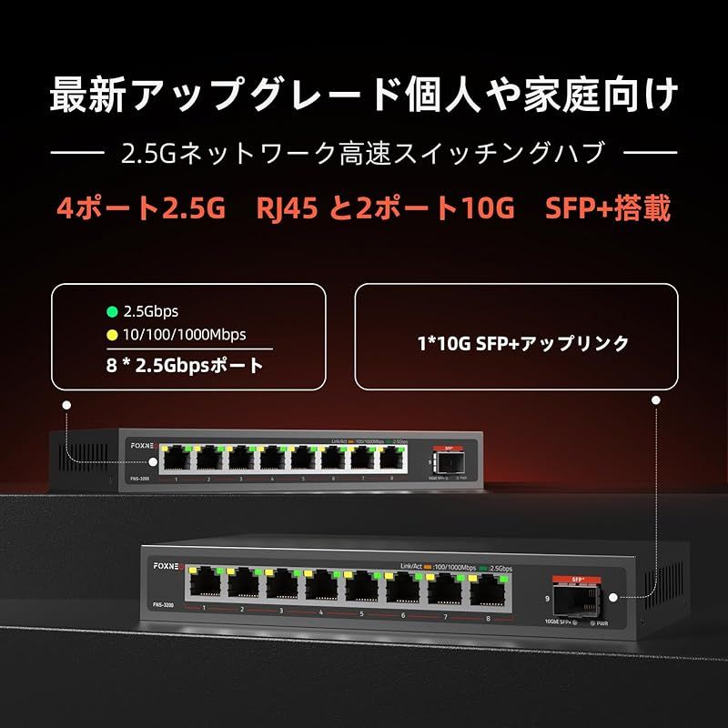 FOXNEO 2.5gbps スイッチングハブ 9ポート 8x2.5G RJ45と1x10G SFP 搭載 個人や家庭向けのスイッチングハブ 静音ファンレス設計 デスクトップや壁掛け設置 金属筐体 プラグアンドプレイ アンマネージド スイッチングハブ