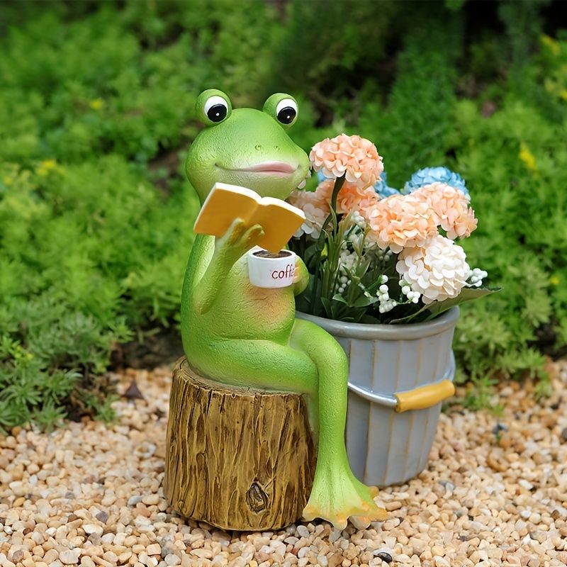鉢植え 植木鉢 プランター プラントポット フラワーポット ガーデニング バケツの隣で本を読んでいるカエル かえる 屋内 室内 インテリア 玄関 多肉植物 サボテン ユニーク 樹脂