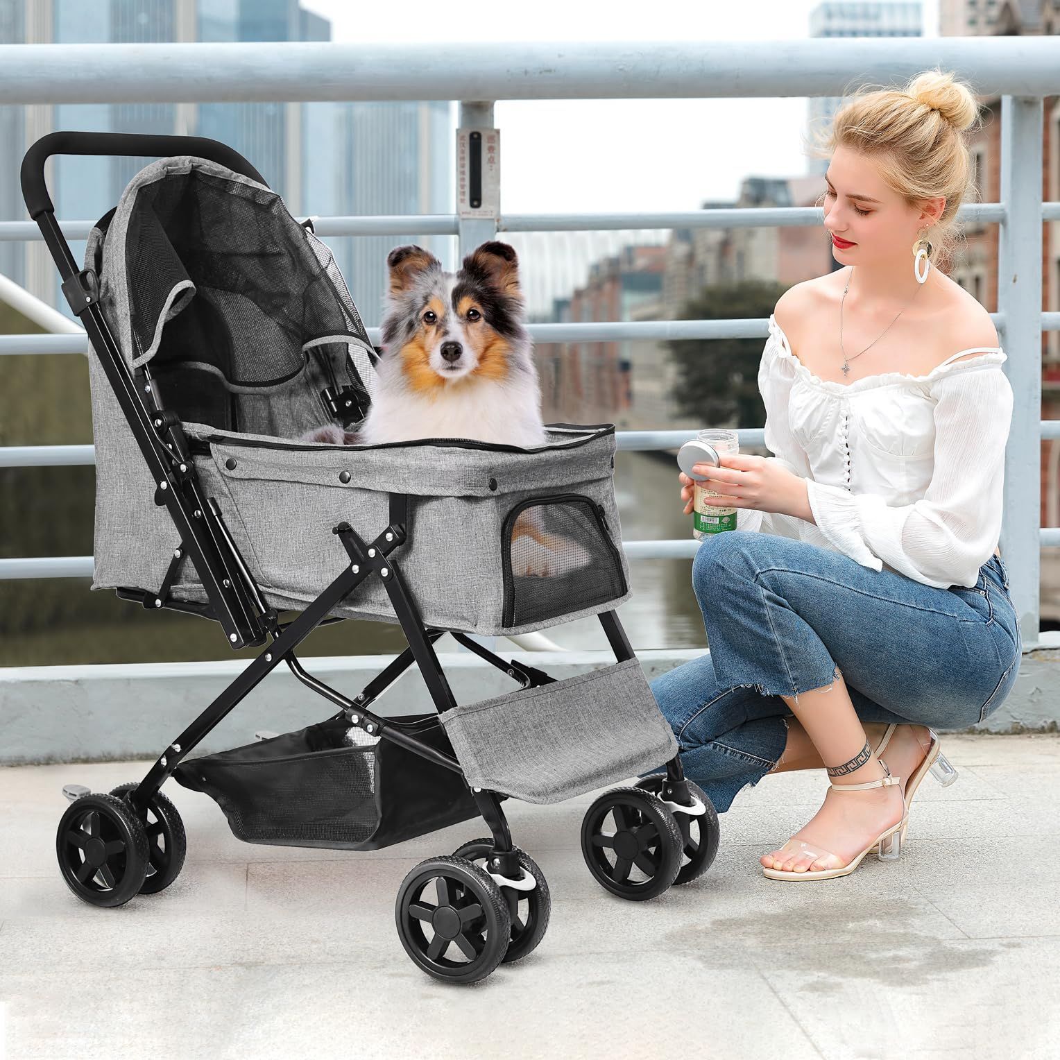 レインカバー付き) (グレー 耐荷重20KG ドッグカート ペットバギー 多  