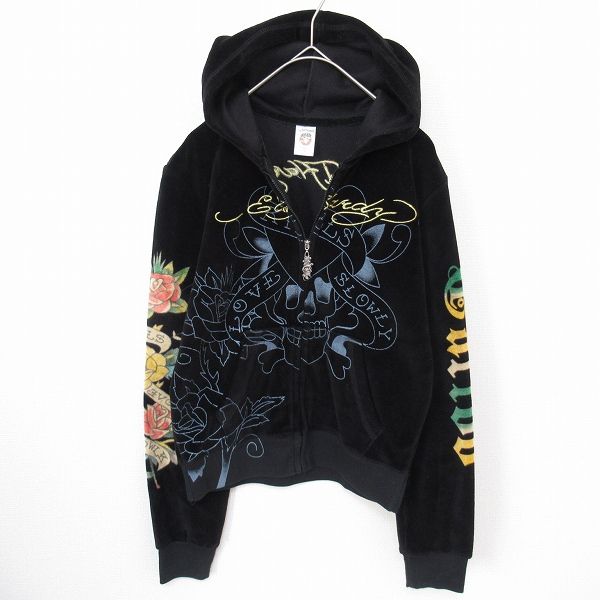 Ed Hardy エドハーディー ロゴ 刺繍 スカル ベロア フーディー