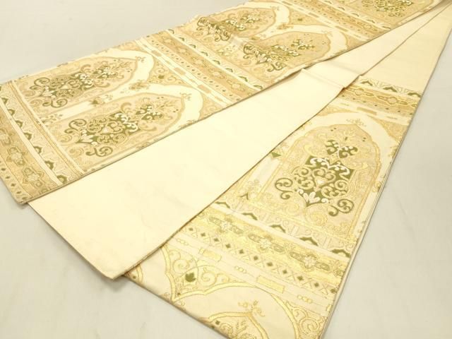 ユ54新品名古屋帯 全通柄　唐織　唐花地紋　正絹　着物 帯　仕立て上り　美品 ユ54新品名古屋帯 全通柄 唐織 唐花地紋 正絹 着物 帯 仕立て