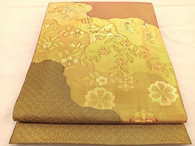 平和屋着物◎佐賀錦 太鼓柄袋帯 花喰い鳥 金糸 正絹 逸品