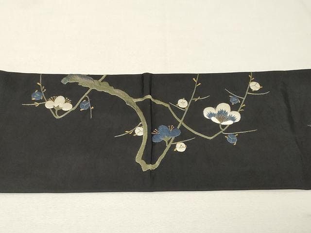 アンティーク着物 黒地　絽　百合　刺繍　名古屋帯　大正ロマン　正絹 平和屋着物○アンティーク 大正ロマン 九寸名古屋帯 総刺繍 枝梅鳥文