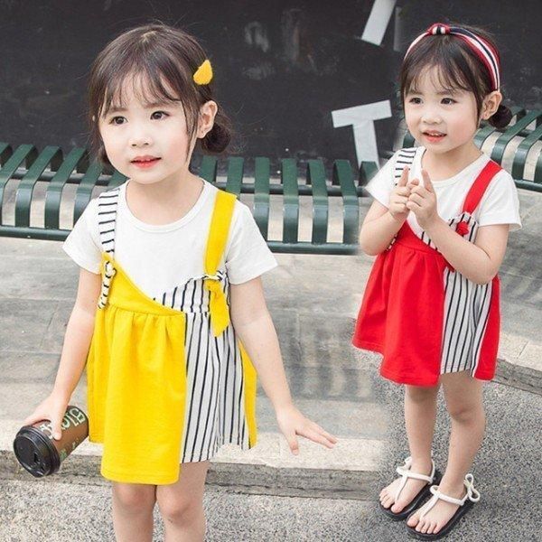 韓国子供服 女の子 Tシャツ風 半袖 ワンピース 学生 お洒落 ドレス