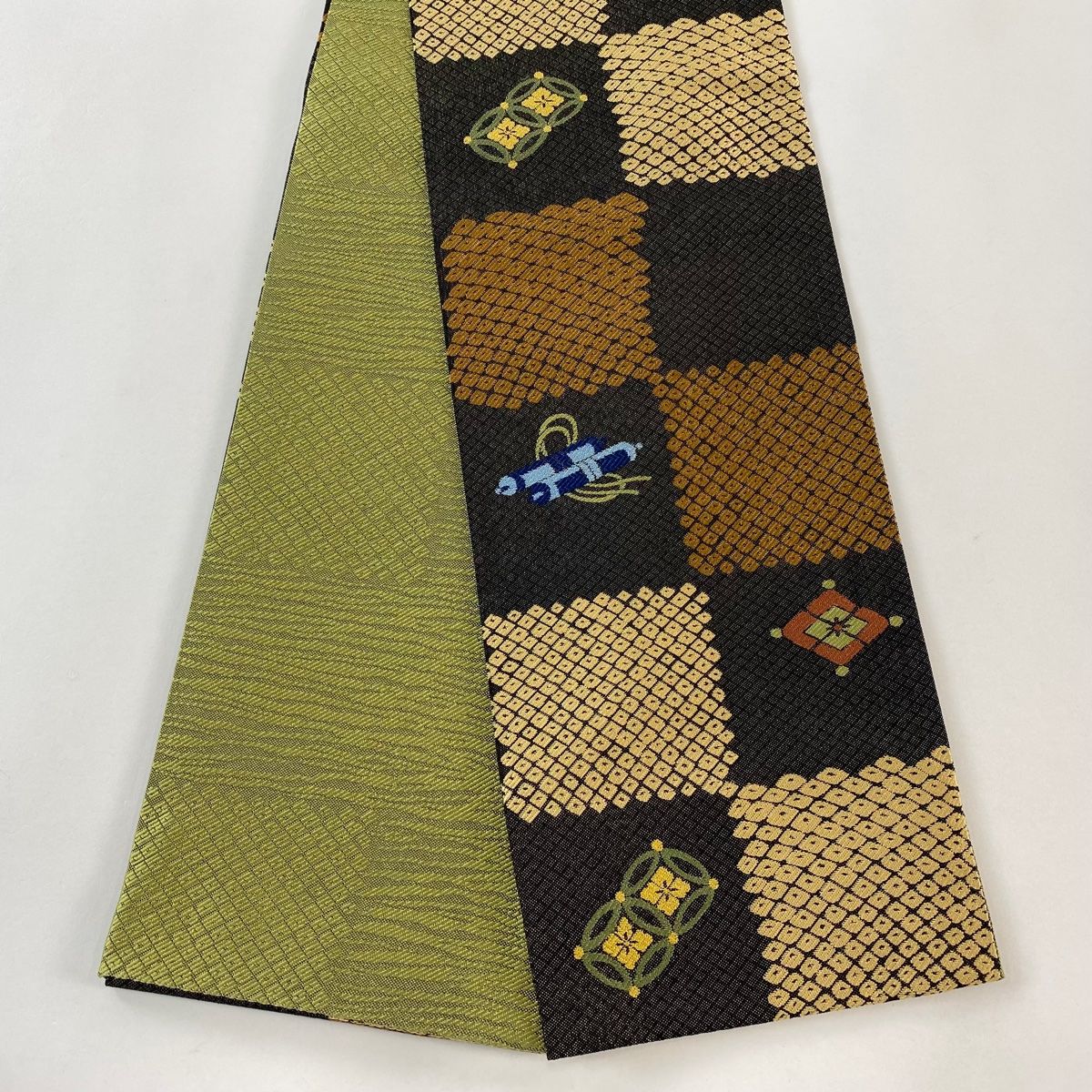 半幅帯 秀品 京西陣 七宝 疋田 金通し 茶色 正絹