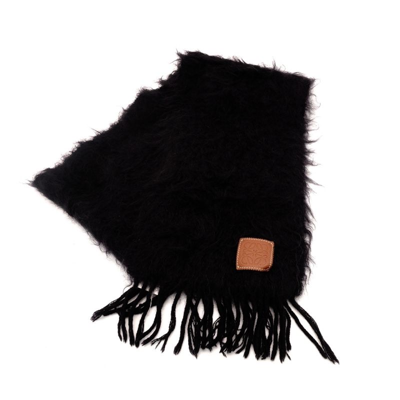 ロエベ LOEWE マフラー アナグラム ブラック モヘア ウール 黒 スカーフ ロゴ 7-3-168