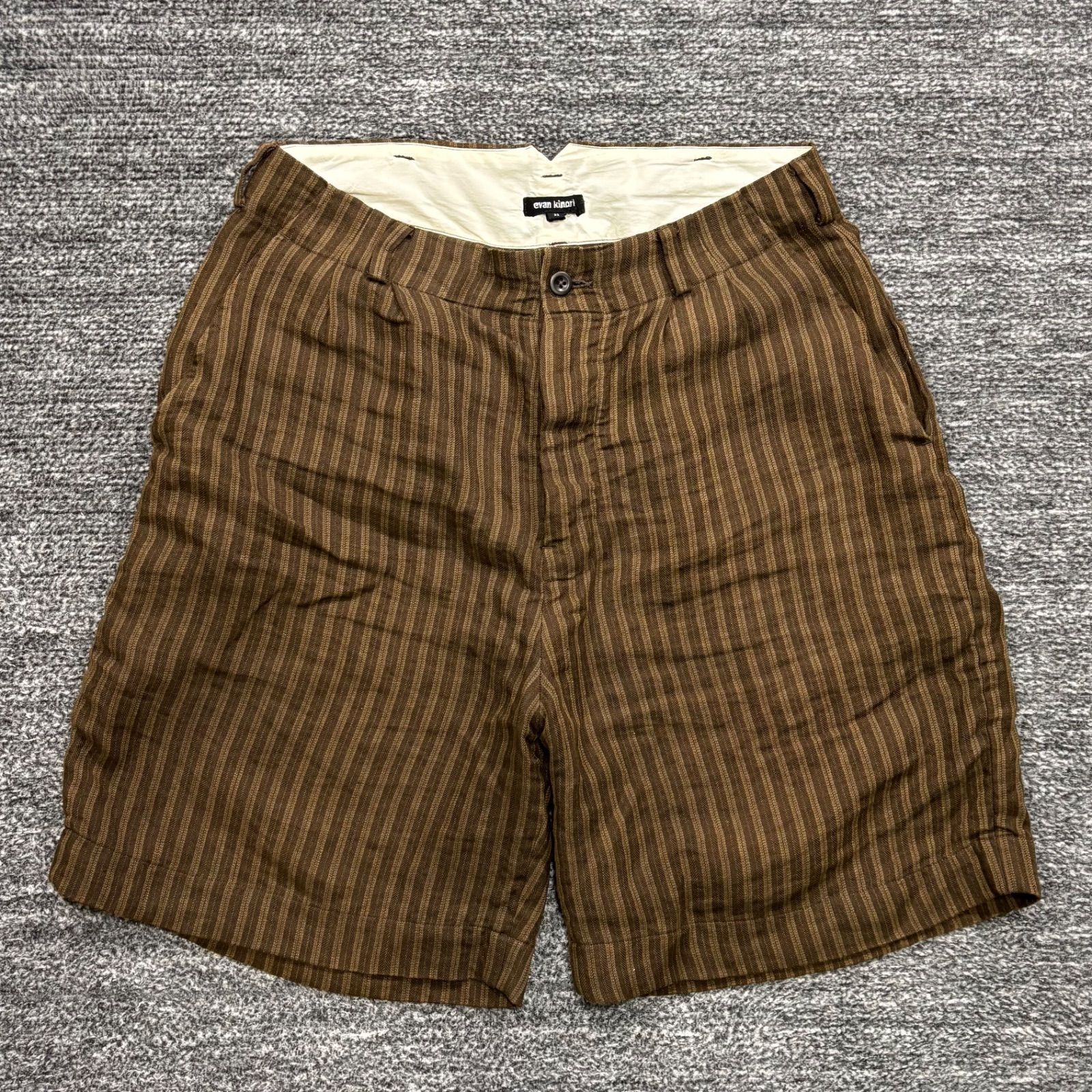 evan kinori リネンショーツ ブラウン ストライプ 32 エヴァンキノリ