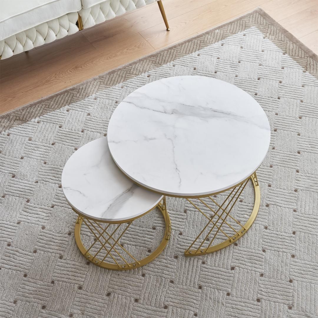 センターテーブルローテーブル 入れ子式天板大理石調2個セットサイド
