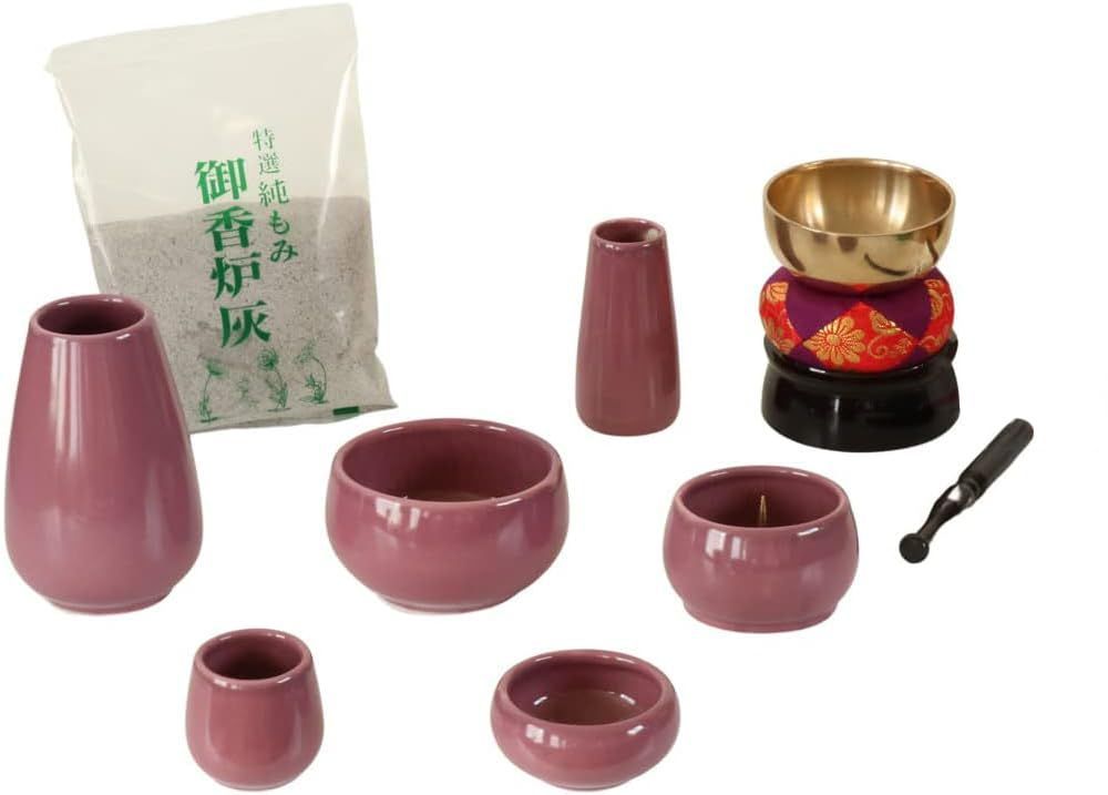 モダンミニ仏壇用 香炉灰付 もみじ 6点 おりんセット パープル 陶器 仏具セット set なーむくまちゃん工房