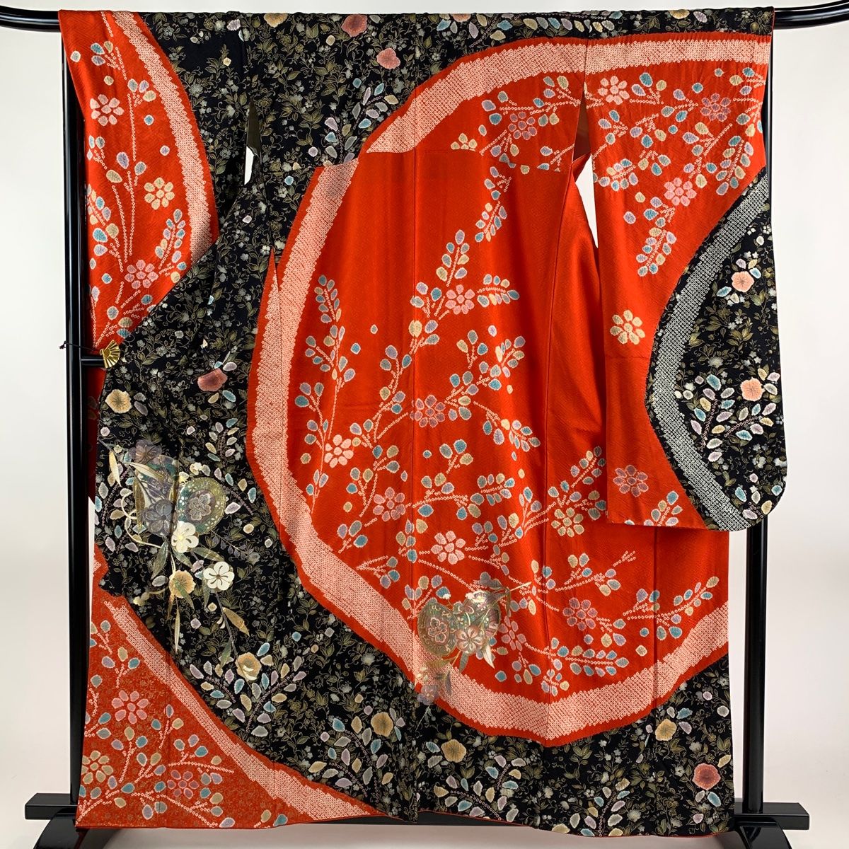 振袖 身丈160cm 裄丈68cm L 袷 鼓 梅 金銀彩 絞り 黒 正絹 名品 【 