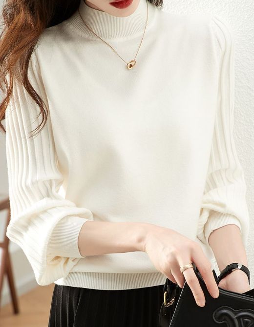  ホワイト レディース ニット ブラウス トップス 長袖 プリーツスリーブ ハイネック 上品 きれいめ 通勤 オフィス カジュアル 長袖 ニット セーター
