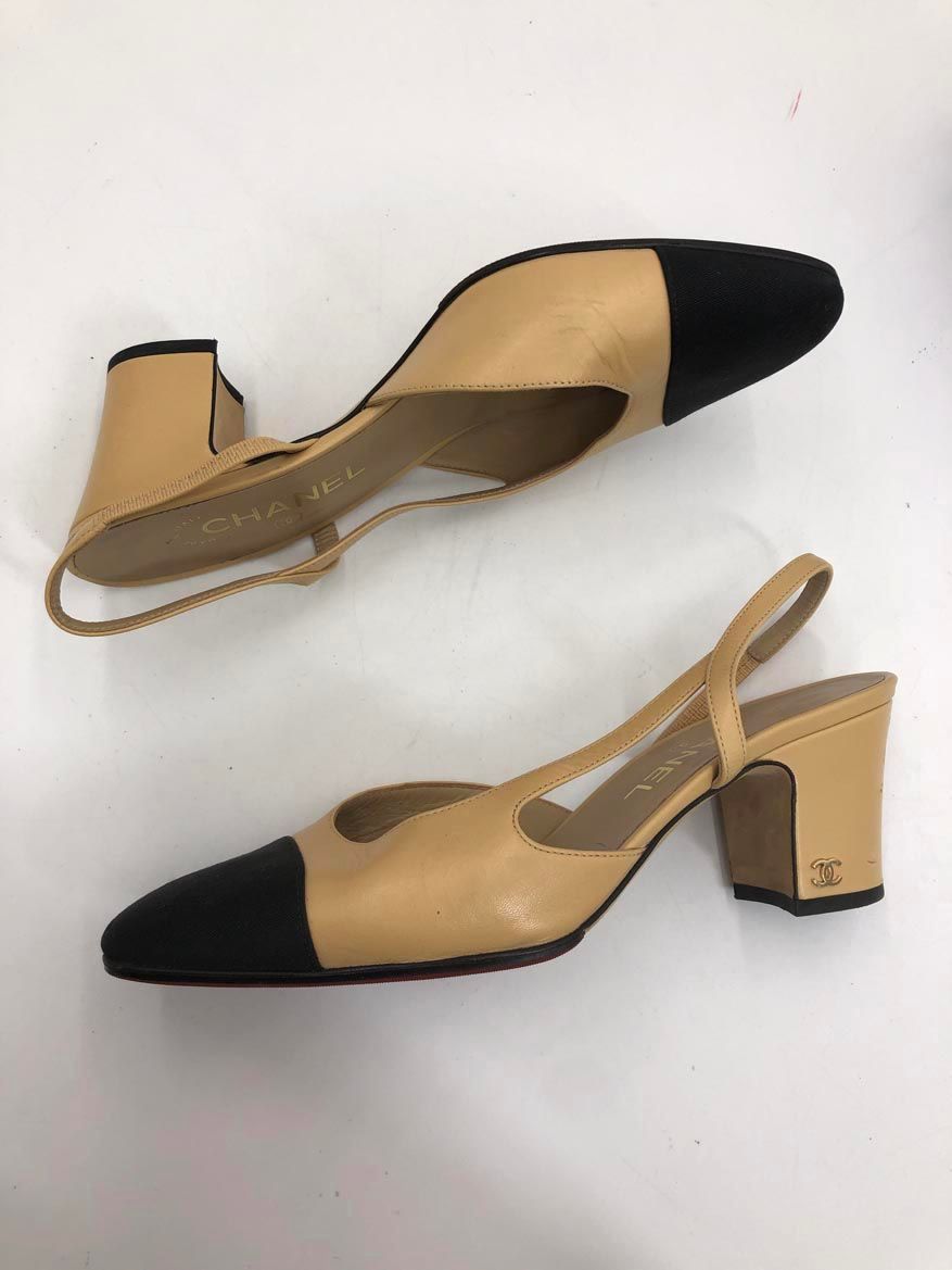 CHANEL シャネル G 31318 ゴートスキン＆グログラン イタリア製 スリングバック パンプス size 38 C ベージュ×黒 レディース