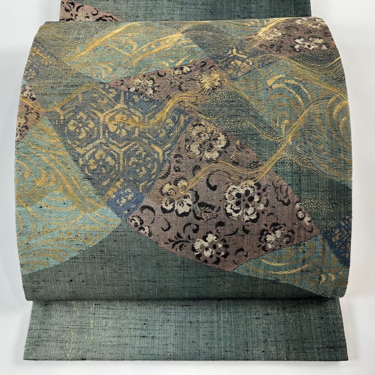 袋帯 美品 名品 花兎 牡丹 金糸 箔 灰紫 お太鼓柄 正絹 【中古